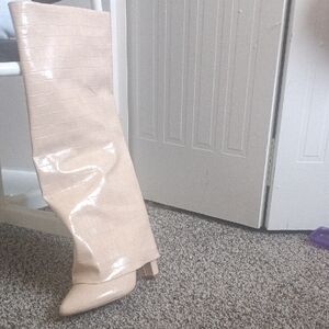 Patent Croc-Embossed Knee-High Boot in Light Beige
